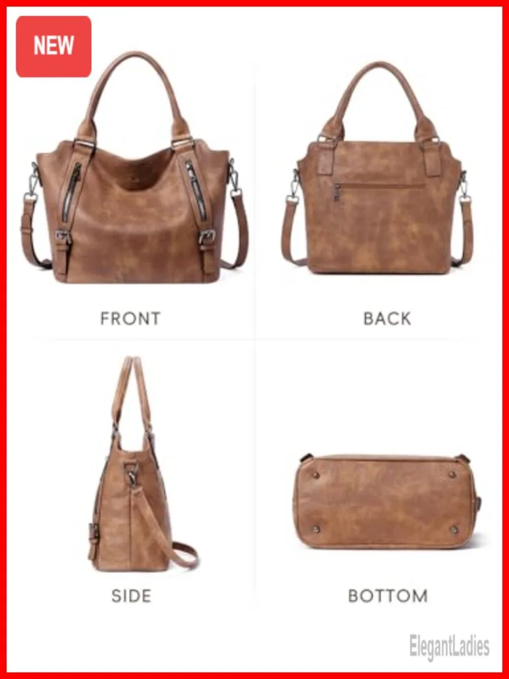 Large Vegan Leather Hobo Bag with Multiple Pockets, Water Repellent, Adjustable